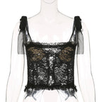 Black Lace Sheer Bow Tie Corset Top