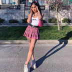 Cute Pink Plaid Checkered Pleated High Waisted Mini Skirt A-line Chic Goth Punk Club E-Girl Kawaii Korean Japanese Harajuku Streetwear