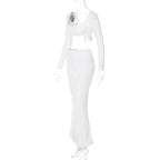 2PCS White Rose Long Sleeve Crop Top + Maxi Skirt