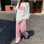 Pink Gingham Loose High Waist Pants