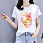 Cute Cat Noodle Ramen Graphic Cartoon Print Loose Short Sleeve T-shirt Aesthetic Casual Summer E-Girl Kawaii Korean Japanese Harajuku