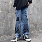 Cute Anime Girl Cartoon Print Denim Jeans Trousers Wide Leg Pants Bottoms Aesthetic Casual Summer E-Girl Kawaii Korean Japanese Harajuku
