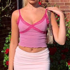 Cute Sexy Lace Patchwork Camisole Spaghetti Strap Crop Top Shirt Tee T-shirt E-Girl Kawaii Korean Japanese Harajuku Chinese Retro Streetwear Aesthetic