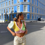 Pastel Crochet V Neck Short Sleeve Shirt