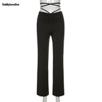 Cute Sexy Black High Waisted Thin Bandage Wrap Tie Pant Trousers Joggers E-Girl Kawaii Korean Japanese Harajuku Chinese Retro Streetwear Aesthetic
