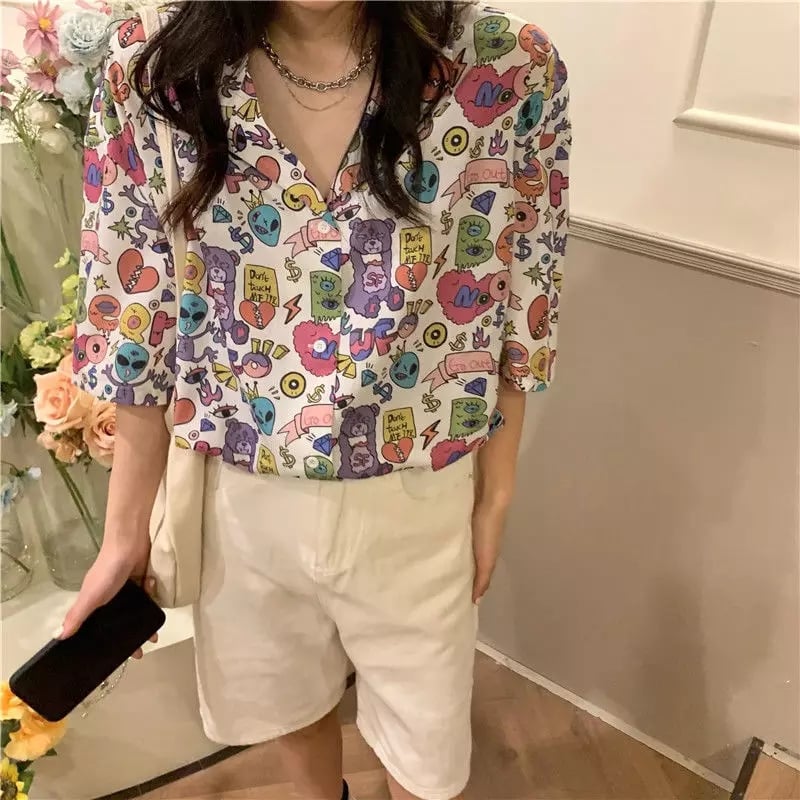 Cute Vintage Punk Art Graphic Oversize Button Up Short Sleeve T- Shirt Top Blouse Aesthetic Casual Summer E-Girl Kawaii Korean Japanese Harajuku