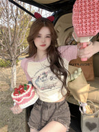 Cat Cartoon Patchwork Print Short Sleeve T-shirt
