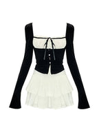 2PCS Long Sleeve Square Collar Top + Mini Tierred Ruffle Skirt