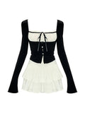 2PCS Long Sleeve Square Collar Top + Mini Tierred Ruffle Skirt