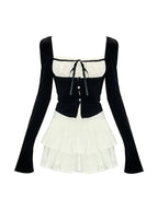 2PCS Long Sleeve Square Collar Top + Mini Tierred Ruffle Skirt