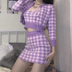 Purple Plaid 3pcs Set Long Sleeve Cardigan + Crop Top + Mini Skirt Summer Aesthetic Casual E-Girl Kawaii Korean Japanese Harajuku
