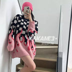 Cute Hot Pink Flames Fire Checkerboard Plaid Oversized Knit Sweater Pullover Aesthetic Casual E-Girl Kawaii Korean Japanese Harajuku