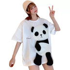 Cute Panda Bear Fleece Hungry Casual Summer Oversized Short Sleeve Tee Shirt T-shirt Top E-Girl Kawaii Korean Japanese Harajuku Streetwear