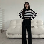 Black & Grey Striped Cropped Long Sleeve Sweater