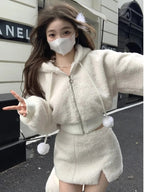 2PCS White Soft Zipper Hoodie + Split Mini Skirt