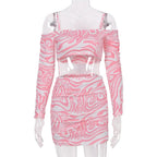 2PCS Pink Off Shoulder Sling Long Sleeve Crop Top + Skirt