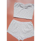 2PCS Pink Floral Print Frill Strapless Top + Shorts Set