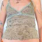 Floral Print Lace Trim Mesh Crop Top