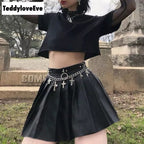 Sexy Black Goth Grunge Punk Summer Zipper Rivet Pleated PU Skirt Metal Ring Hallow Out E-Girl Kawaii Korean Japanese Harajuku Streetwear