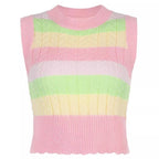 Cute Pink Rainbow Stripe Tie Dye Sleeveless V Neck Knit Vest Sweater Top Pullover Autumn Aesthetic E-Girl Kawaii Korean Japanese Harajuku Streetwear