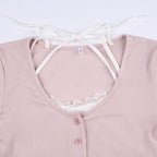 Pink Lace Patchwork Button Crop Top