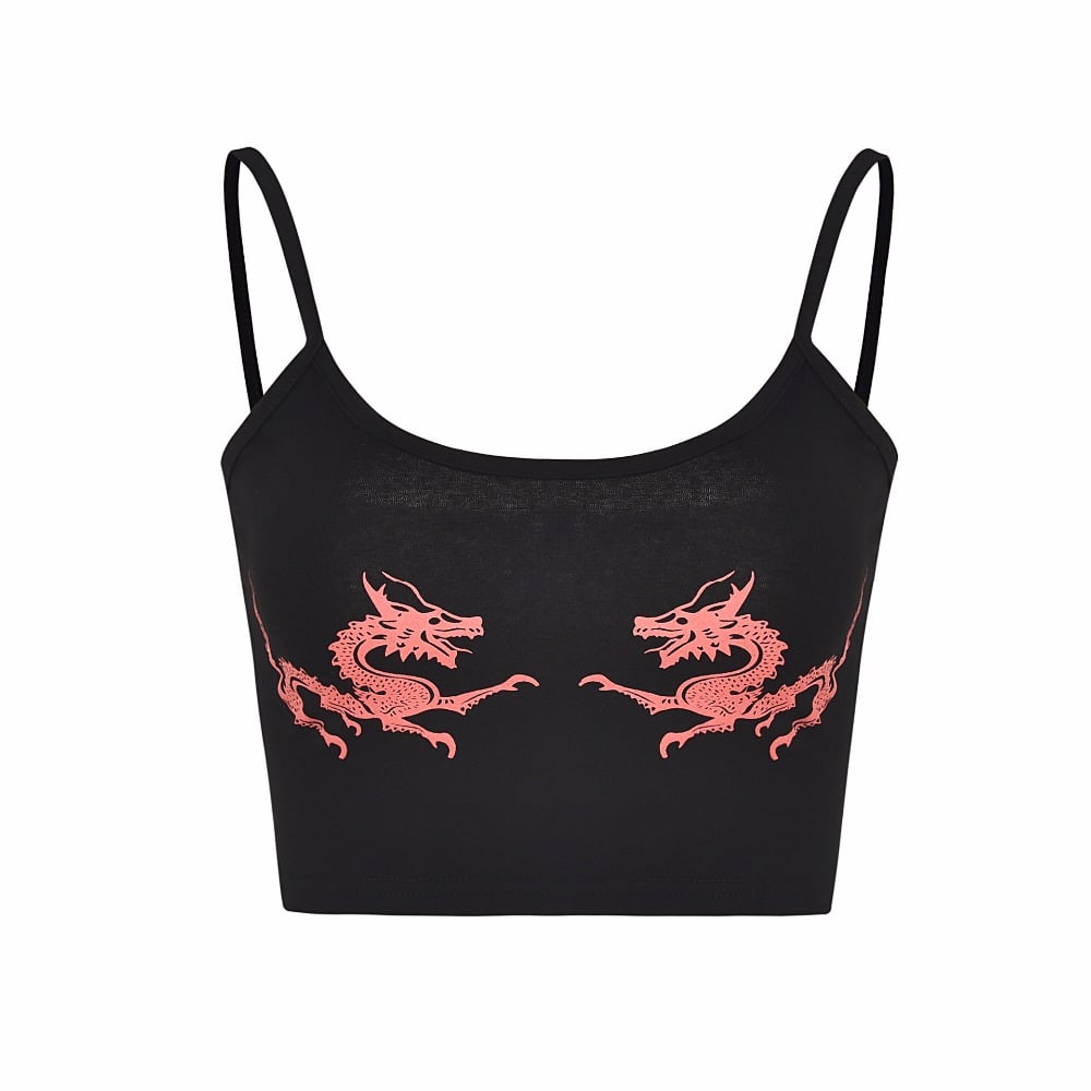 Cute Sexy Casual Dragon Sleeveless Tank Crop Top Shirt Tee T-shirt E-Girl Kawaii Korean Japanese Harajuku Chinese Retro Streetwear Aesthetic