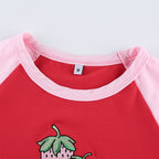 Cute Strawberry Embroidery Patchwork Short Sleeve Shirt Crop Top T-shirt Tee Casual Summer E-Girl Kawaii Korean Japanese Harajuku Streetwear