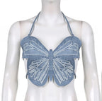 Cute Sexy Butterfly Denim Backless Crop Top Sleeveless Shirt Party Beach Summer Aesthetic Casual E-Girl Kawaii Korean Japanese Harajuku