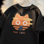 Cat Cartoon Sun Moon Print Short Sleeve T-shirt