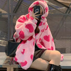 Cute 90s Heart Print Plush Long Sleeve Jacket Hoodie Sweater Coat Aesthetic Casual E-Girl Kawaii Korean Japanese Harajuku