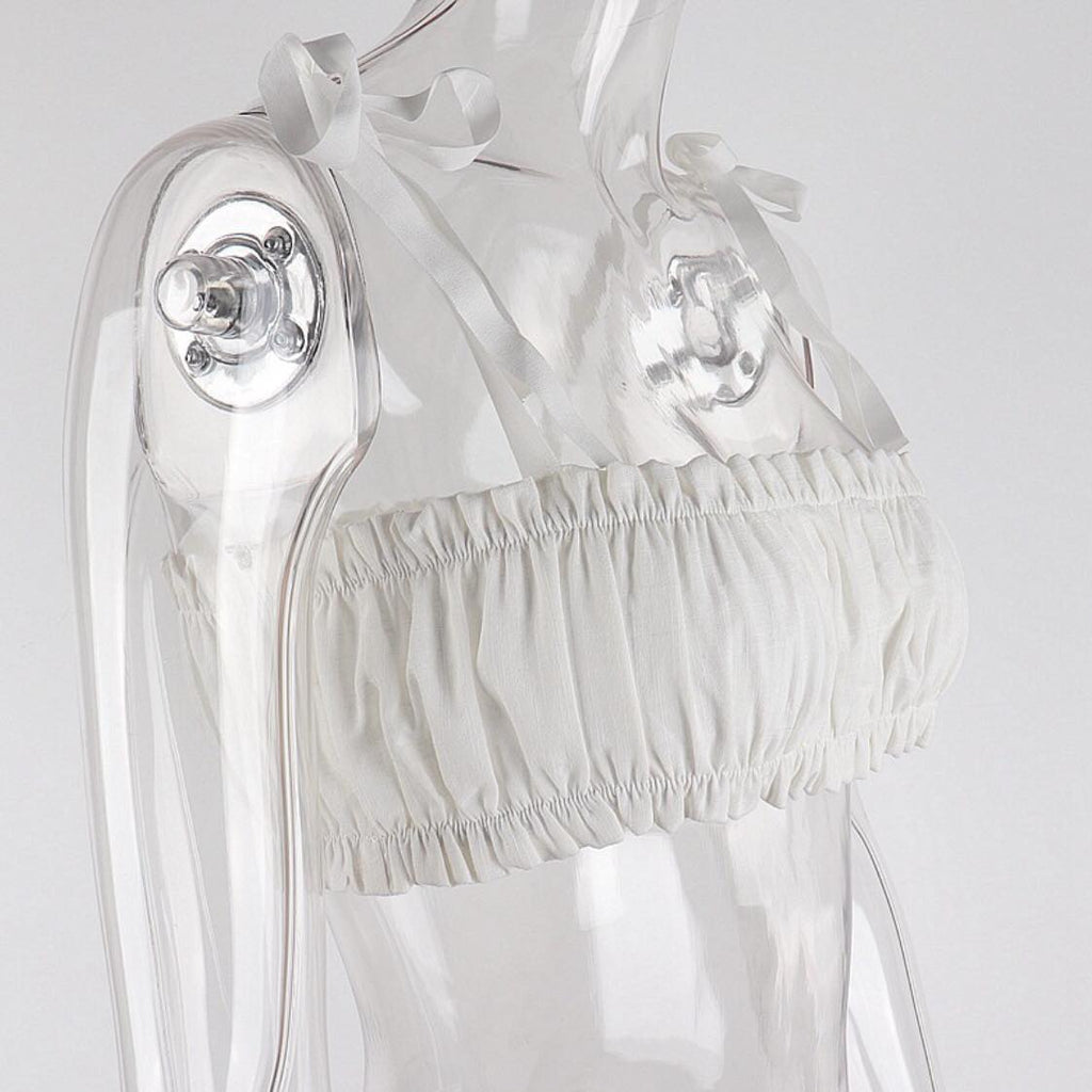 White Pleated Hollow Out Bustier Bandage Bodycon Crop Top Sleeveless Shirt Beach Boho Summer Aesthetic Casual E-Girl Kawaii Korean Japanese Harajuku