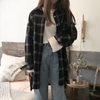 Cute Casual Plaid Flannel Loose Oversized Long Sleeve Shirt Top Boyfriend Baggy E-Girl Kawaii Korean Japanese Harajuku Retro Streetwear