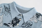 Blue Cat Knit Short Sleeve Shirt