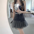 Black Tulle Patchwork Denim Skirt