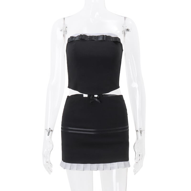 2PCS Black & White Strapless Top + Pleated Mini Skirt