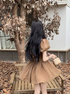 Brown Squares Neck Puff Sleeve Dress