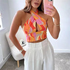 Cute Sexy Orange Vintage Retro Halter Crossover Straps Tank Crop Top Sleeveless Shirt Aesthetic Casual Summer E-Girl Kawaii Korean Japanese Haraju