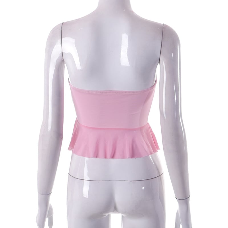 Pink Ruffle Irregular Mesh Tube Top