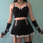 Cute Vintage Lace Bandage A-line High Waist Mini Skirt Punk Goth Summer Aesthetic Casual E-Girl Kawaii Korean Japanese Harajuku