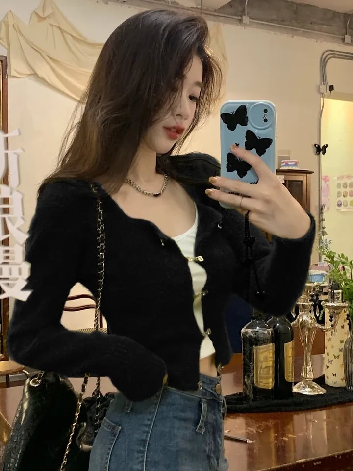 Fluffy Green Buckle Cropped Sweater