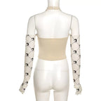 Cute Moon Print Patchwork Bandage Bustier Chain Halter Crop Top Off Shoulder Long Sleeve Shirt Aesthetic E-Girl Kawaii Korean Japanese Harajuku