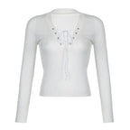 White Knit V Neck Long Sleeve Shirt