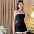 2PCS Black & White Strapless Top + Pleated Mini Skirt