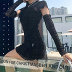 Cute Black Patchwork Plaid Detachable Sleeves Mini Dress Summer Aesthetic Casual E-Girl Kawaii Korean Japanese Harajuku