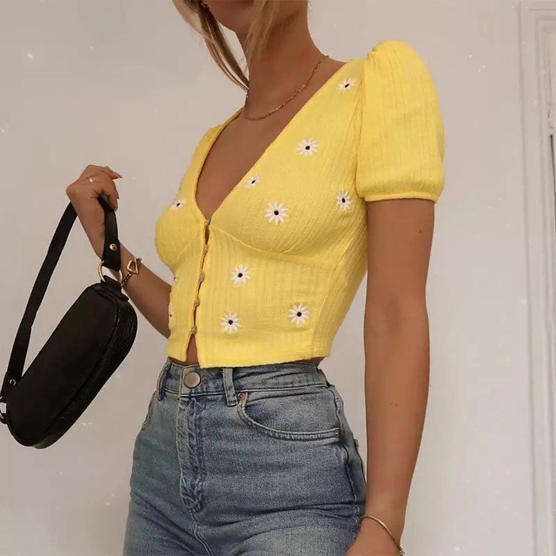 Cute Yellow Flower Embroidery Button V Neck Short Sleeve Shirt Crop Top Cardigan Summer Aesthetic E-Girl Kawaii Korean Japanese Harajuku Streetwear