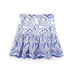 Blue Flower Embroidery Pleated Mini Skirt
