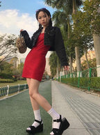 Cute Heart Shape Leopard Spaghetti Strap Mini Bodycon Dress Kawaii Korean Japanese Harajuku Chinese Retro Streetwear Aesthetic Fashion