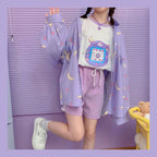 Pastel Purple Anime Star Moon Cartoon Blouse Oversized Long Sleeve Shirt Loose Button Autumn Winter E-Girl Kawaii Korean Japanese Harajuku Streetwear