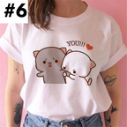 Cute White Cat Kitten Cartoon Print Loose Short Sleeve Shirt Aesthetic Casual E-Girl Kawaii Korean Japanese Harajuku