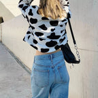 Cute Cow Animal Print Faux Fur Coat Jacket Zipper Sweater Jumper Casual E-Girl Kawaii Korean Japanese Harajuku Chinese Retro Streetwear Aesthetic